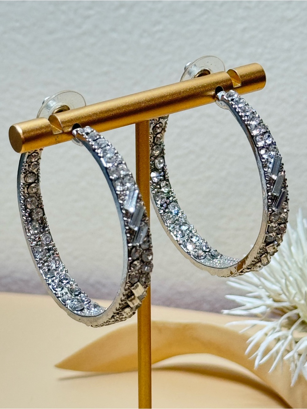 Silver Tone Rhinestone Hoop Earrings Clear Crystal Statement Pierced
